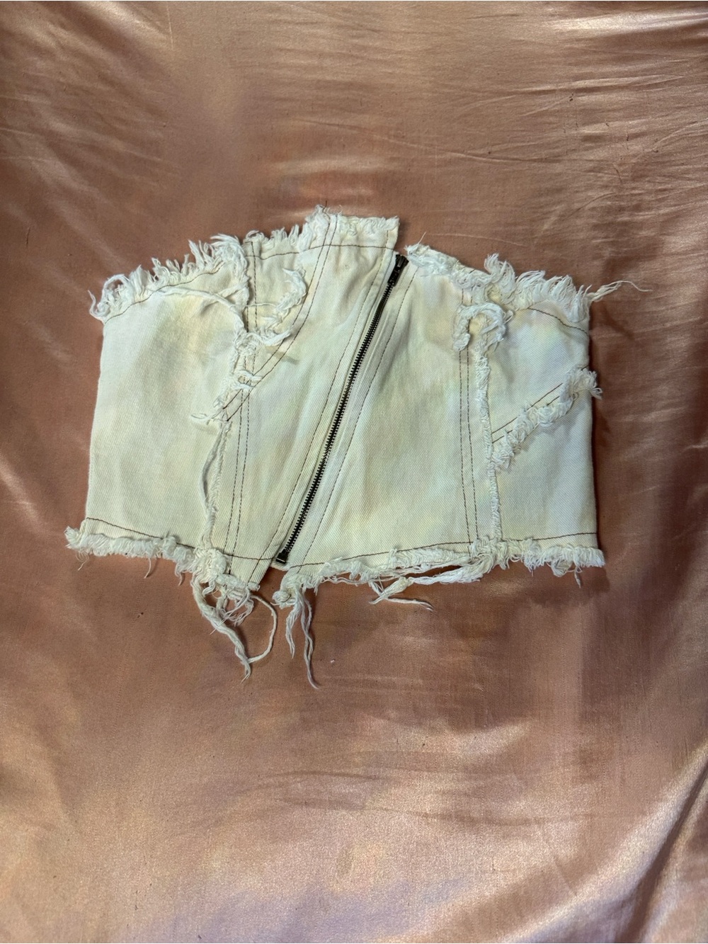 Frayed White Denim Corset Top with Front Zip
